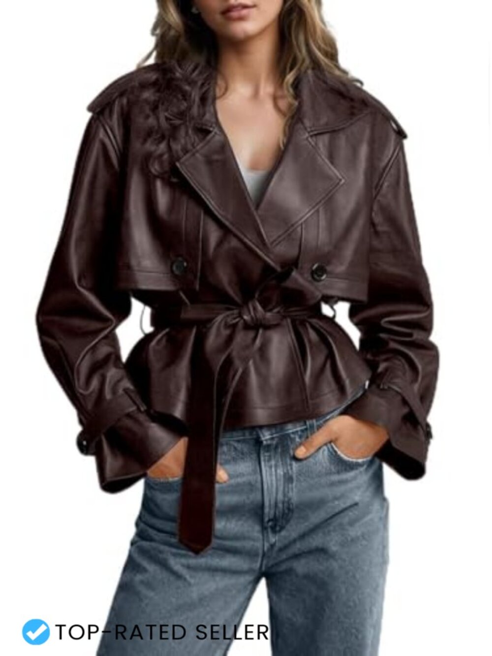 Faux Leather Belted Short Trench Coat Double Breasted Moto Jacket